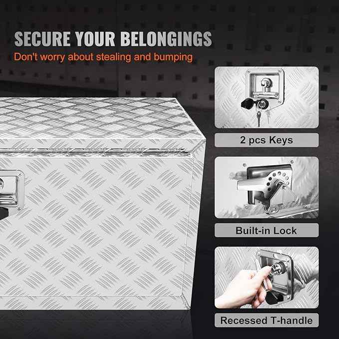 VEVOR Underbody Truck Box, 36"×14"×16" Pickup Storage Box, Heavy Duty Aluminum Diamond Plate Tool Box with Lock and Keys, Waterproof Trailer Storage Box with T-Handle Latch for Truck, Van, Trailer