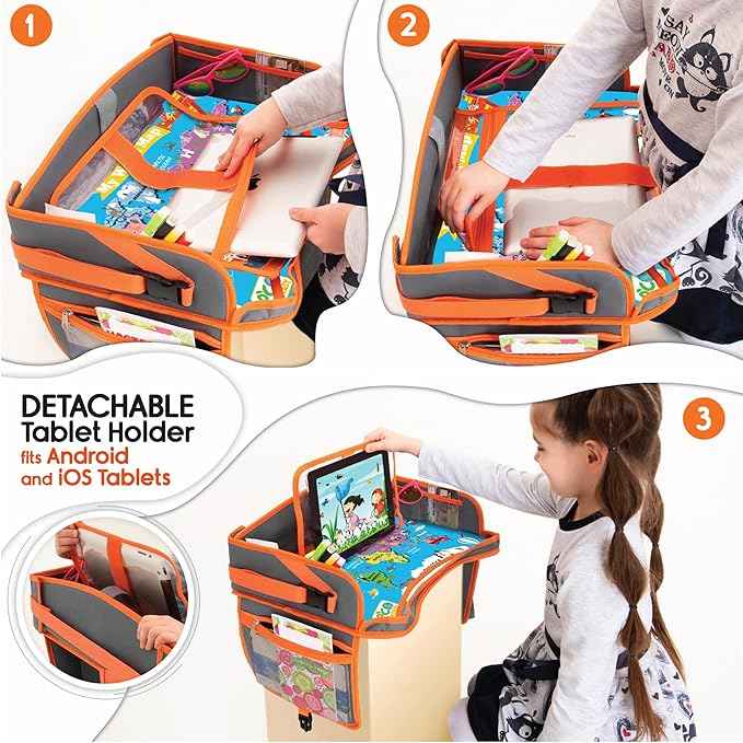 ECOFANTASY Kids Travel Tray - Waterproof Car Table with No-Drop Large Tablet Holder - Car Seat Tray - Road Trip Must Haves - Kids Lap Desk Organizer for Airplane - Toddler Travel Essentials (Orange)