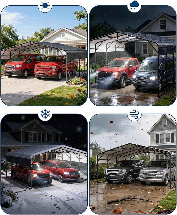20x20FT Heavy Duty Metal Carport for 2 Cars, Outdoor Portable Car Garage w/Led Light,Reinforced Base and Galvanized Steel Roof, Outdoor Car Port Canopy Shelter for Boats, Full-Sized Pickup Trucks