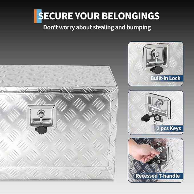 Garvee 24"x14"x16" Underbody Truck Tool Box - Heavy Duty Aluminum Diamond Plate Lockable Storage Box with T-Handle Latch & Keys, Waterproof Pickup Trailer Van Under-Vehicle Cargo Box, Silver