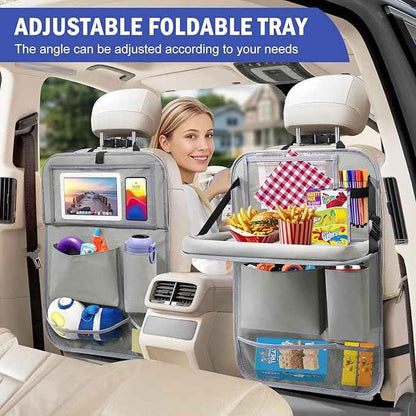 Car Backseat Organizer with Tablet Holder,6 Storage Pockets Car Storage Organizer with Foldable Food Tray,Kick Mats Backseat Protector Travel Accessories (Grey)