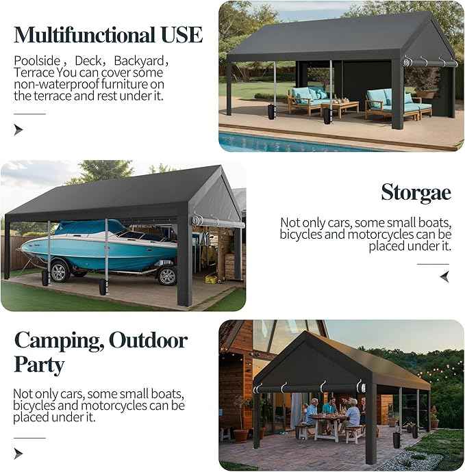 Shintenchi 12x20 FT Heavy-Duty Design Carport,Portable Garage Canopy,Carport Canopy with Side-Opening Removable Door & Roll-Up Window,Portable Car Port for Car, Truck, Boat,Grey