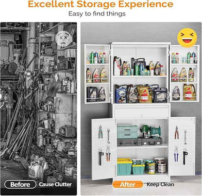 VINGLI Metal Storage Cabinet with 4 Doors & 1 Drawer, 71'' Steel Locking Cabinet with 6 Door Hanging Shelves and Adjustable Shelves for Garage, Warehouse, Home Kitchen, Dining Living Room (White)