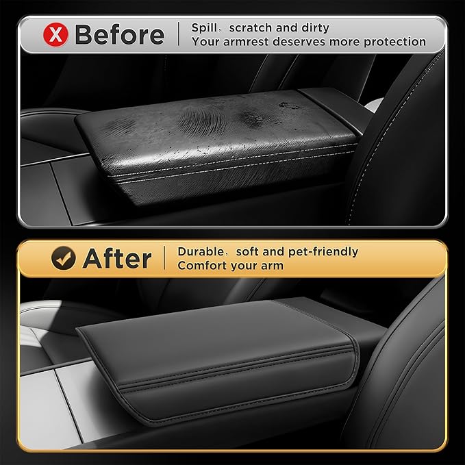 for Tesla Model Y Juniper(2025-2026) & Model 3(2024-2026) Leather Center Console Cover [Soft Touch & Match Seat Color] Armrest Cover for Tesla Model 3 & Model Y Juniper Accessories Black