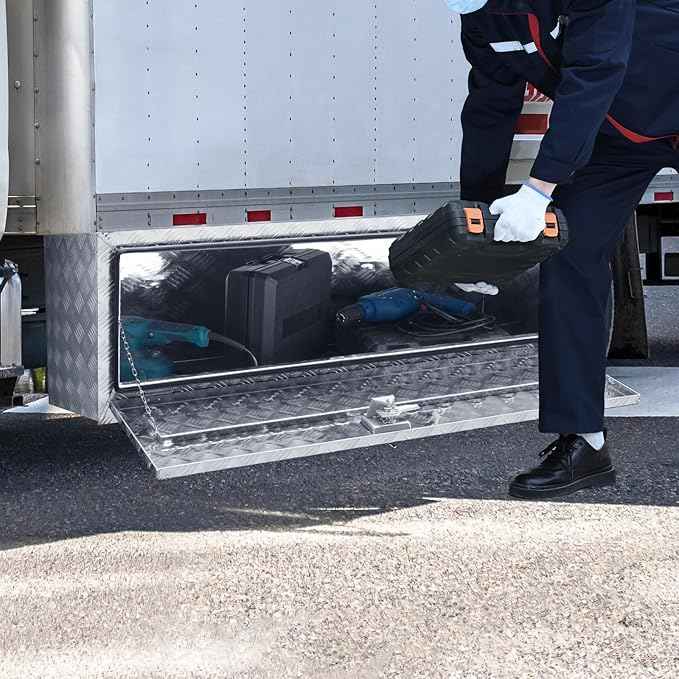 VEVOR Underbody Truck Box, 48"×17"×18" Pickup Storage Box, Heavy Duty Aluminum Diamond Plate Tool Box with Lock and Keys, Waterproof Trailer Storage Box with T-Handle Latch for Truck, Van, Trailer