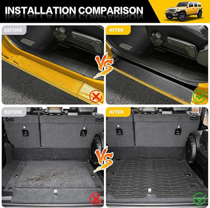 Trunk Mat with Door Sill Guards for 2021-2025 Jeep Wrangler JL Unlimited 4XE Accessories All Weather Rear Trunk Liner Door Sill Protector for 21-25 JL JLU 4XE 4 Door(Not for 4X4)