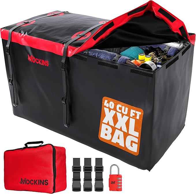 Mockins 40 CuFt XXL Trailer Hitch Cargo Carrier Bag | 70"x30"x33" Heavy Duty Vinyl Cargo Bag for Hitch Carrier | Versatile as Waterproof Truck Bed Storage | Vehicle Soft Shell Carriers w/Accessories