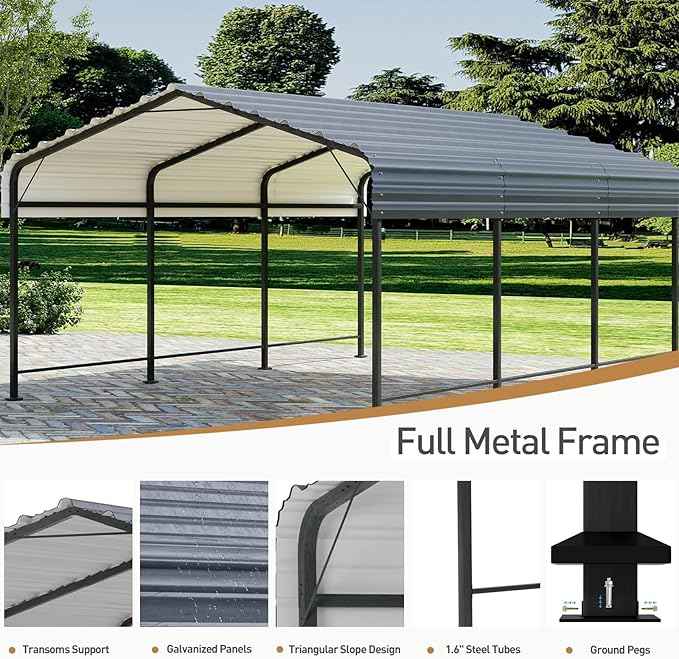COSIEST 10'x20' Carport with Galvanized Steel Roof, Heavy Duty Metal Carport Canopy, Outdoor Garage Car Shelter Shade for Car, Boats and Truck