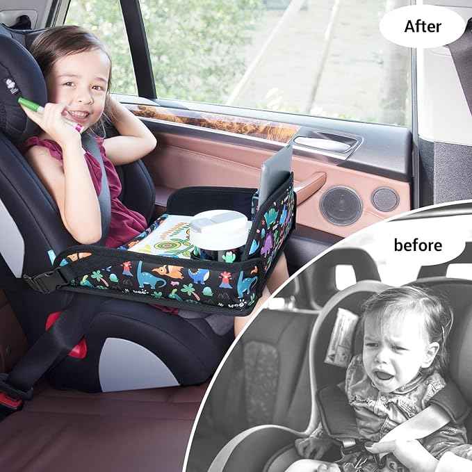 COOLBEBE Kids Travel Tray for Toddler Car Seat, Travel Tray for Airplane, Toddler Car Seat Lap Tray, Carseat Table Tray for Kids Travel Activities (Dinosaur)