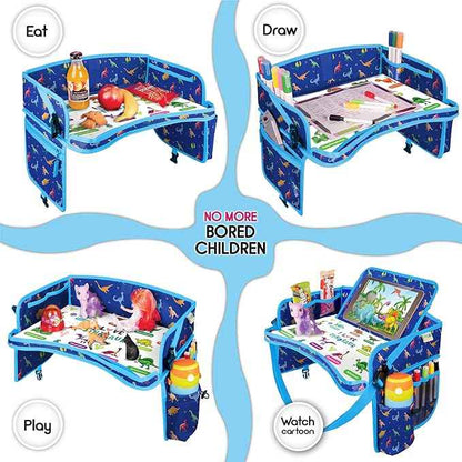Kids Travel Tray - Waterproof Car Table with No-Drop Large Tablet Holder - Car Seat Tray - Road Trip Must Haves - Lap Desk Kids Organizer for Airplane - Toddler Travel Activities (Blue)