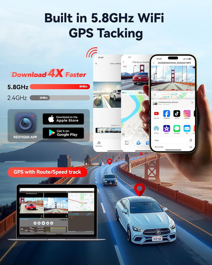 REDTIGER 4K HDR Dash Cam Front and Rear, STARVIS 2 Sensor, 5.8GHz WiFi APP, 3.18" Touchscreen, Voice Control, 128G Card Included, WDR, Dash Camera for Cars with GPS, 24H Parking Mode(F7N Elite)
