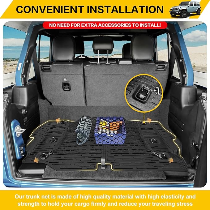 Trunk Mat with Net for 2021-2025 Jeep Wrangler JL Unlimited 4XE Accessories All Weather Protection Rear Trunk Liner Cargo Net for 21-25 JL JLU 4XE 4 Door(Not for 4X4)
