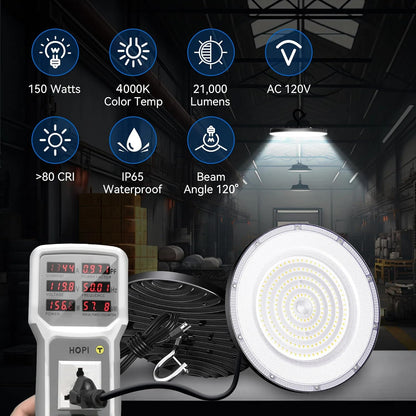4 Pack UFO Led High Bay Light 150W(600W MH/HPS Equiv.), 21000lm, 4000K Daylight High Bay Led Light with 5' Cable US Hook, IP65 Waterproof Commercial Light Fixture for Warehouse Workshop Barn Factory