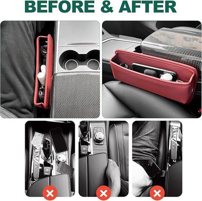 2 Pack Seat Gap Filler Organizer Compatible for Tesla Model 3 Y X S Car Leather Accessories Console Side Extra Storage Boxes Seat Crevice Box Auto Front Seat Storage Interior (Red)