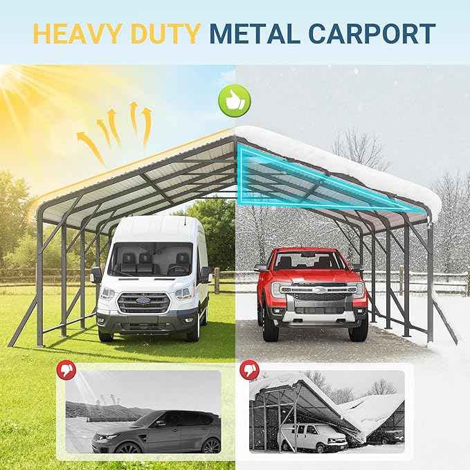 Wisteria Lane 20'x20' Metal Carport with Updated Roof & Enhanced Base, Heavy Duty Canopy Carport Garage, Vertaile for Car, Truck, Boat, Tractors, Party, Dark Gray