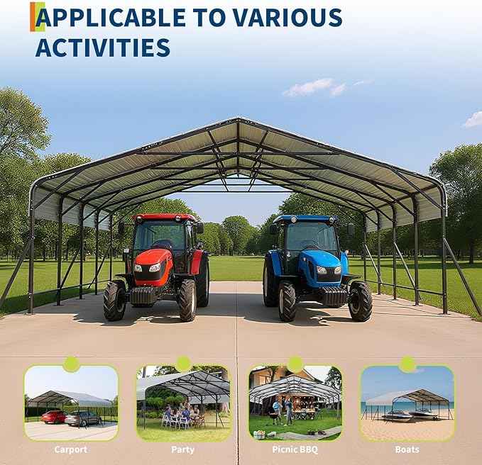 20x20x9FT Metal Carport, Oversized Metal Garage with Steel Frame for All Weather, Heavy Duty Carports, for Car, Boats and Tractor
