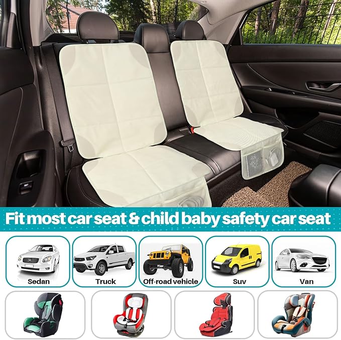 Aurelema 2 Pcs Car Seat Protector with Non-Slip Backing and Mesh Pockets 600d Fabric Child Car Seat Covers Waterproof, Durable for Baby and Pet, Sedan SUV Truck (Beige)