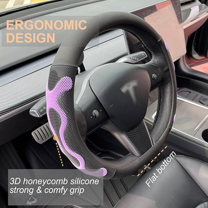 PINCTROT Comfy Grip Steering Wheel Cover for Tesla Model Y/3 2016-2025 2026 Standard/Highland/Juniper, D Shaped 14 Inch Small Sized, Flat Bottom with 3D Honeycomb Anti-Slip Design (Comfy Grip Purple)