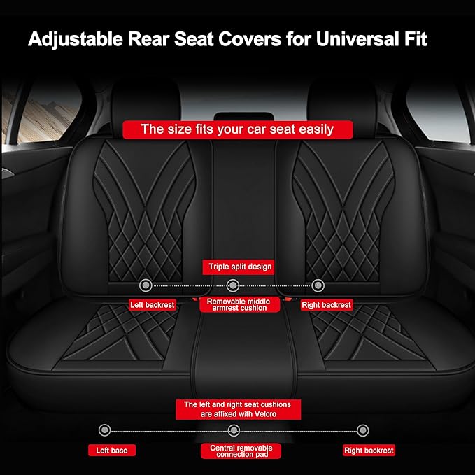 Amooca Car Seat Covers Full Set Automotive Seat Protection Fit for Most Cars SUVs Front & Back Seats Waterproof Nappa Leather Car Seat Cushion Breathable Black with Pillow & Lumbar Support