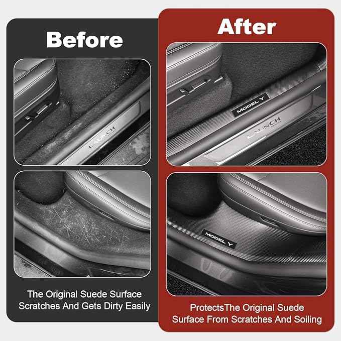 8PCS Door Sill Protector for Tesla Model Y Juniper 2025-2026 - Anti-Kick Carbon Fiber Pattern Entry Guard - Anti-Scuff Waterproof Door Cover - No Drill Installation ABS Hard Interior Kick Pad