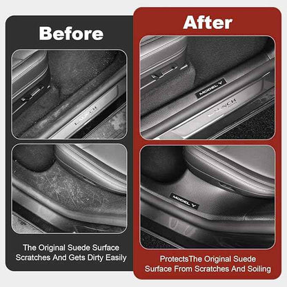 8PCS Door Sill Protector for Tesla Model Y Juniper 2025-2026 - Anti-Kick Carbon Fiber Pattern Entry Guard - Anti-Scuff Waterproof Door Cover - No Drill Installation ABS Hard Interior Kick Pad