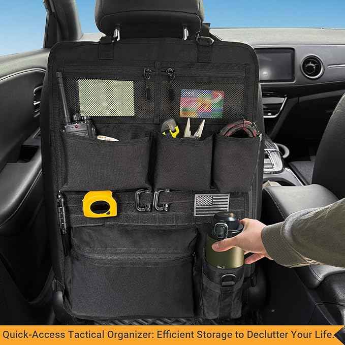 Tactical Car Seat Organizer with Multiple Pockets, MOLLE Panel System & Mesh Compartments, Durable Nylon Universal Vehicle Backseat Storage with Cup Holder, Water-Resistant (Black)