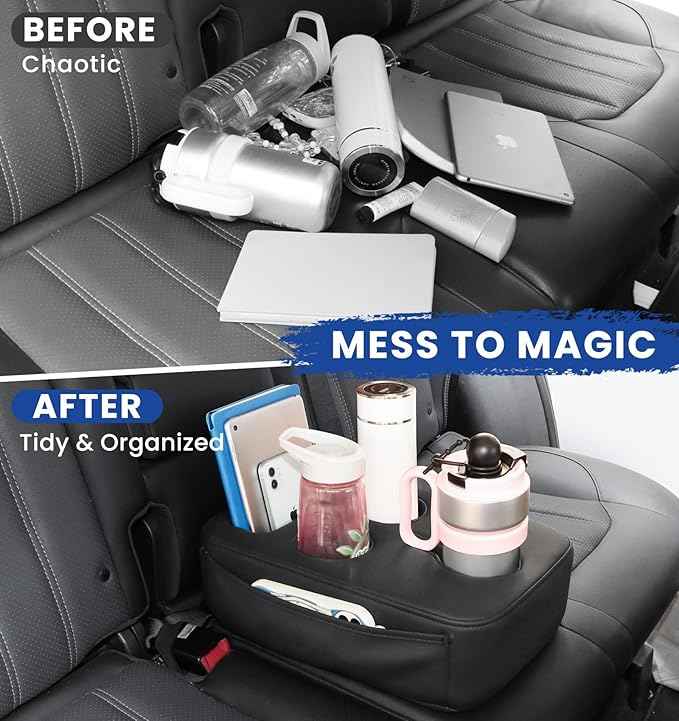 Back Seat Cup Holder for Car, PU Leather Couch Sofa Bed Boat Cup Holder Tray, Organizer for Trucks, Minivans, SUVs, RVs, Vehicles, Holds Drinks, Remote, Snacks, with Side Pockets