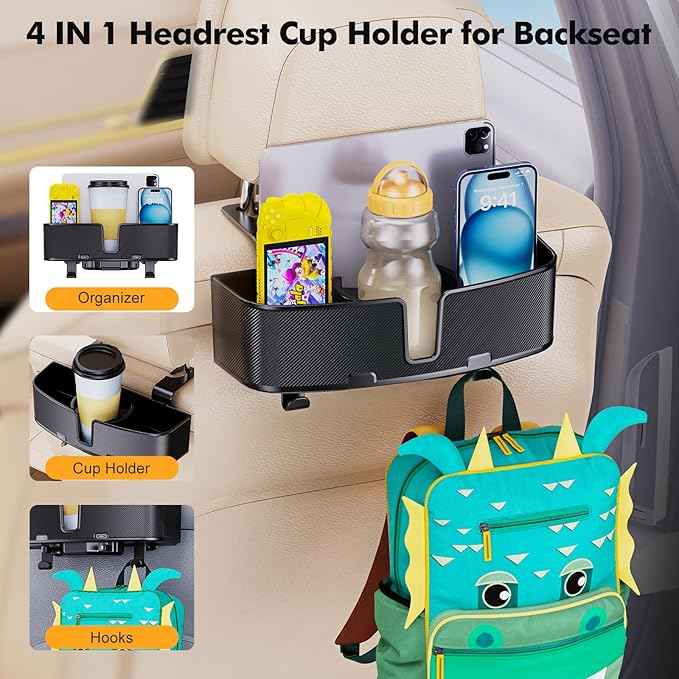 Car Headrest Cup Holder for Back Seat Organizer for Multi-Hanging Snack Storage Box with Strong Hooks for Kids and Backseat Passengers Share Rid for Travel Accessories（2-Pack）