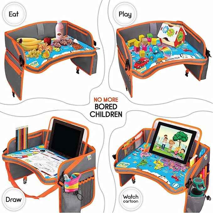ECOFANTASY Kids Travel Tray - Waterproof Car Table with No-Drop Large Tablet Holder - Car Seat Tray - Road Trip Must Haves - Kids Lap Desk Organizer for Airplane - Toddler Travel Essentials (Orange)