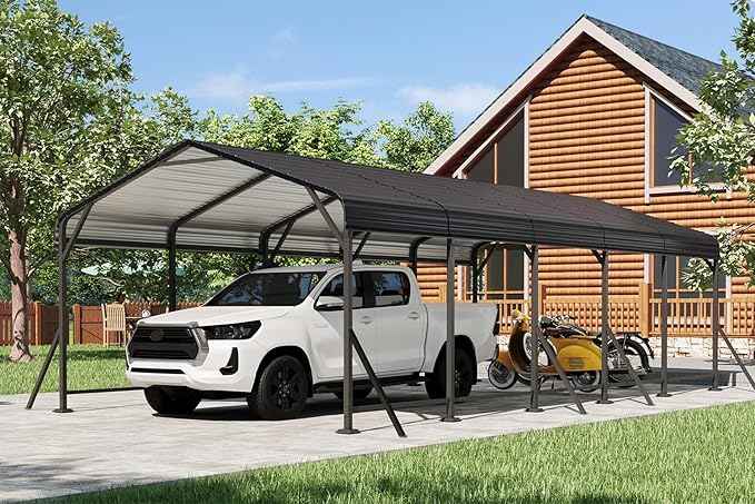EROMMY13' x 26' Heavy Duty Metal Carport with Galvanized Steel Roof & Base for All-Weather Protection, Outdoor Carport Garage, Versatile for Car, Boat, Tractor, and Party Use, Dark Gray