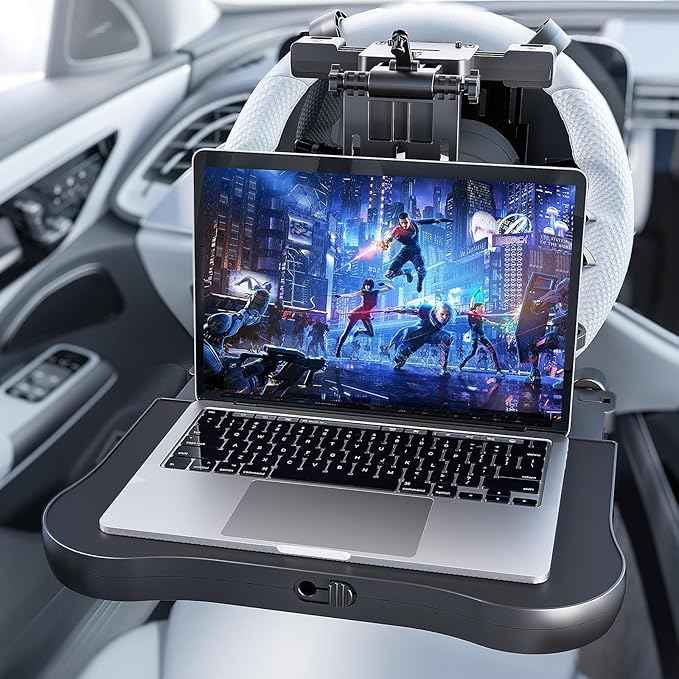 Car Seat Tray Table - Foldable Car Kids Passenger Roadtrip Eating Food Backseat Travel Trays Dinning Working Laptop Desk with Non-Slip Pad/Phone/Tablet Holder
