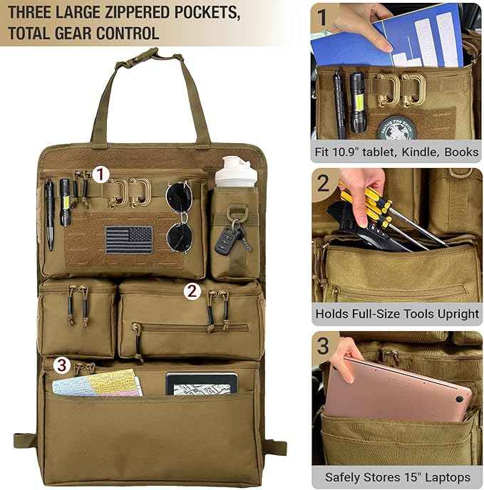 Tactical Seat Back Organizer Heavy Duty MOLLE Panel Organizer with Multiple Pockets & Hook Loop Panel for EDC Gear, Road Trip Essentials, Universal Fit for Car SUV Truck Jeep (Mud)