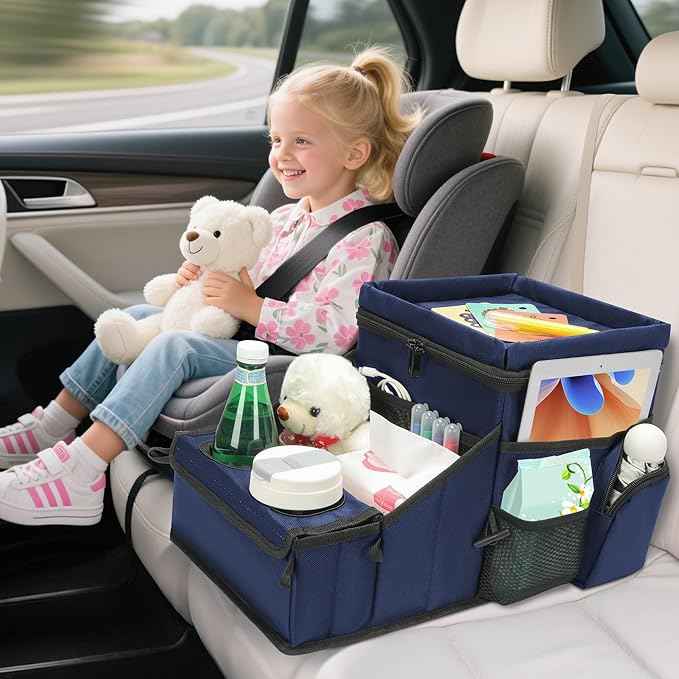 Car Seat Organizer, Backseat Car Organizer with Cup Holder Tray and Storages for Kids and Adults, Portable Travel Cooler for Car for Front or Back Seat Passenger Organizer Ccompartment (Navy Blue)