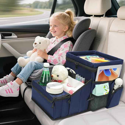 Car Seat Organizer, Backseat Car Organizer with Cup Holder Tray and Storages for Kids and Adults, Portable Travel Cooler for Car for Front or Back Seat Passenger Organizer Ccompartment (Navy Blue)