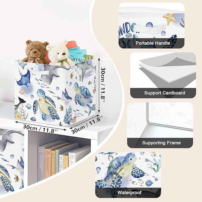 Clastyle 3 pcs Ocean Animals Cube Storage Unit Bin with Metal Frame Foldable Kallax Box for Shelves Parents Closet Organizer Basket for Book Clothes Toy Organizer, Turtle, 11.8x11.8x11.8 in