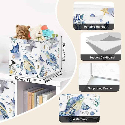 Clastyle 3 pcs Ocean Animals Cube Storage Unit Bin with Metal Frame Foldable Kallax Box for Shelves Parents Closet Organizer Basket for Book Clothes Toy Organizer, Turtle, 11.8x11.8x11.8 in