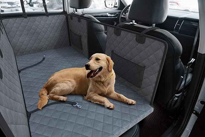 Katziela Large Seat Guard Waterproof Back Seat Extended Cover with Mesh Window Storage Pockets Double Layer Foam Mattress Dog Comfort Hammock Style Scratch Proof Nonslip Fits Car Trucks SUVs (Gray)