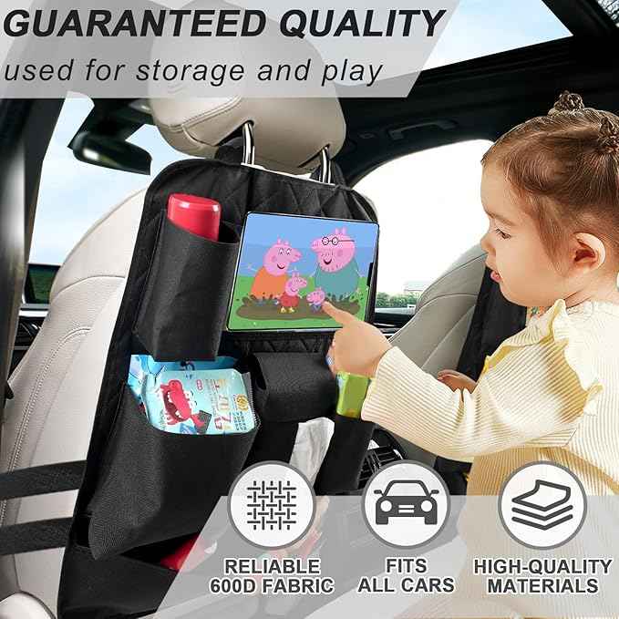 Car Seat Organizers,Multi-functional Back Seat Protectors, Storage Pouches, Child kicking prevention and Tray Holders Kick Mats Back (for Cars, Kids,and Rear Seats) (Black, 2 Pack)