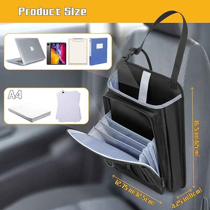 LUXJA Car Front Seat Organizer with Accordion File Pocket, Passenger Seat Organizer with Laptop Sleeve (Up to 15.6 In) and Adjustable Strap, Black