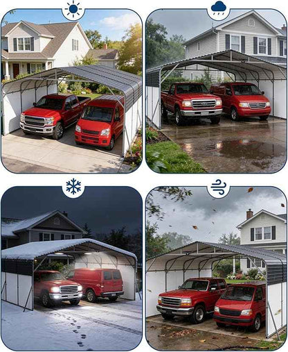 20x20FT Metal Carport Heavy-Duty Build with LED Light & Galvanized Steel Roof, Reinforced Stable Structure with Removable PE Sidewalls(White), Spacious Versatile Shelter for Cars, Boats, and Events