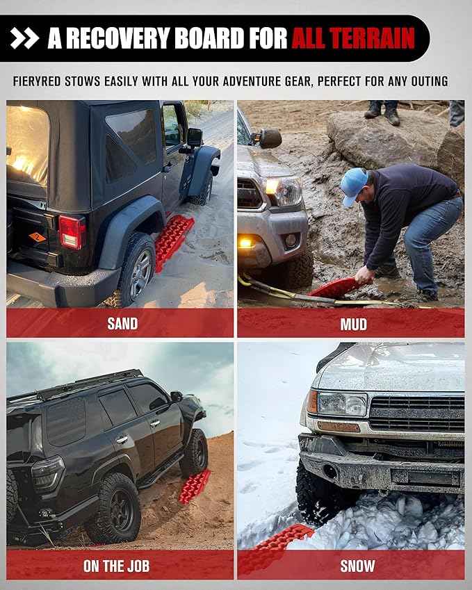 FieryRed Traction Boards Offroad, Recovery Boards with 2 Leashes and Carry Bag, 2Pcs Traction Mat Recovery Tracks for Sand Mud Snow Track Tire Ladder 4X4, Red GEN1th