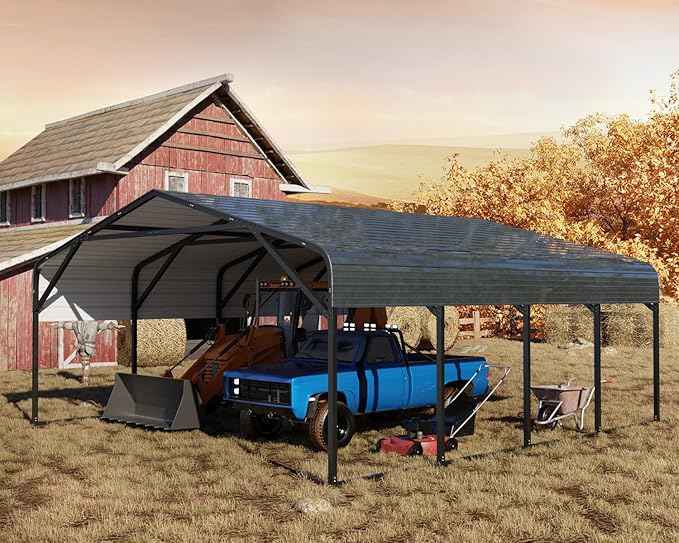 20x20 FT Heavy Duty Metal Carport, 2-Car Garage with Galvanized Steel Roof & Structural Reinforcement, 120lbs/Sq.Ft Snow/Wind Resistant, Ground Anchors, Fits Pickups, Trucks, RVs,Boats