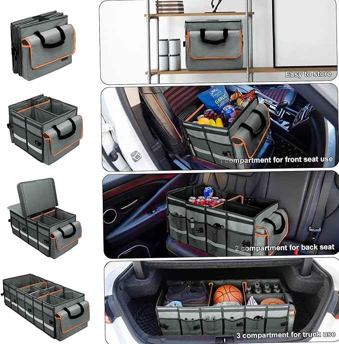 Car Trunk Organizer and Storage with Removable Leakproof Cooler Bag, 6 Removable Dividers for Custom Space, Collapsible Trunk Storage with Non Slip Bottom, Foldable Cover for SUV, Jeep, MPVs