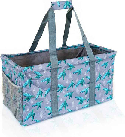 Extra Large Utility Tote Bag - Oversized Collapsible Reusable Wire Frame Rectangular Canvas Basket With Two Exterior Pockets For Beach, Pool, Laundry, Car Trunk, Storage - Turtle