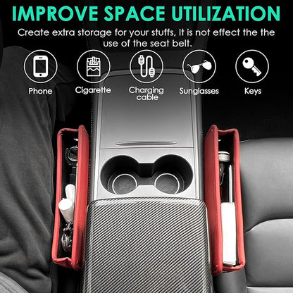 2 Pack Seat Gap Filler Organizer Compatible for Tesla Model 3 Y X S Car Leather Accessories Console Side Extra Storage Boxes Seat Crevice Box Auto Front Seat Storage Interior (Red)