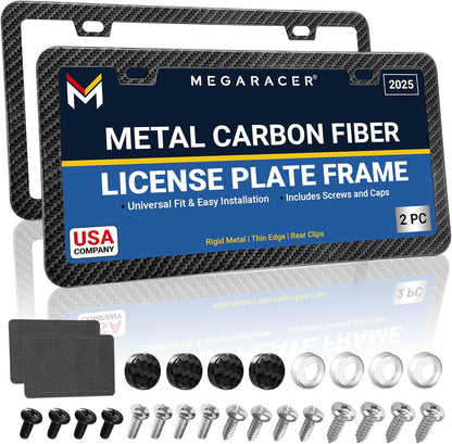 Premium Slim Carbon Fiber Design License Plate Frames – 2 Pack, Rust-Free Stainless Steel & Rattle-Free, Street Legal, Universal with Screw Caps Cover, Thin Metal Front & Rear Car Tag Holders for Men