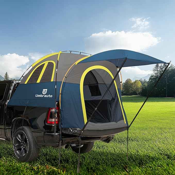Truck Bed Tent with Awning 5.5' ~ 5.8' Easy Set Up Umburato Pickup Truck Tents for Camping, Waterproof, for 2-3 Person, Chevy, Dodge, Ford, GMC, Navy Blue & Lime