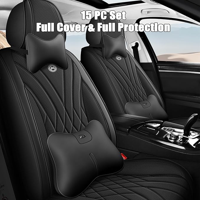 Amooca Car Seat Covers Full Set Automotive Seat Protection Fit for Most Cars SUVs Front & Back Seats Waterproof Nappa Leather Car Seat Cushion Breathable Black with Pillow & Lumbar Support