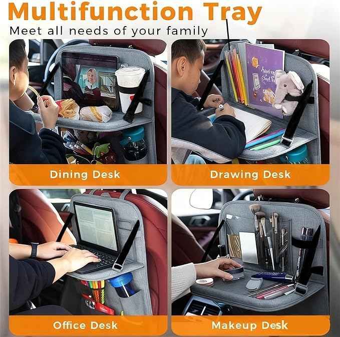 Backseat Car Organizer with Tray, 9 Storage Pockets Back Seat Protector with Foldable Tablet Holder, Waterproof Back of Seat Kick Mats for Kids Adult, Travel Accessories, Gray
