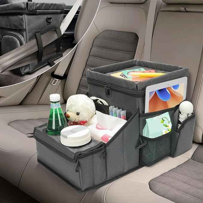 Car Seat Organizer, Backseat Car Organizer with Cup Holder Tray and Storages for Kids and Adults, Portable Travel Cooler for Car for Front or Back Seat Passenger Organizer Ccompartment (Grey)